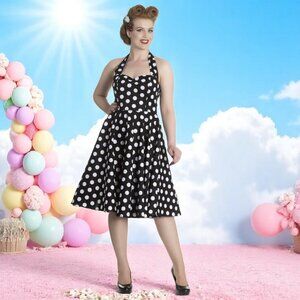 Hell Bunny Marian Black and White Polka Dot Halter Flare Party Dress - Small